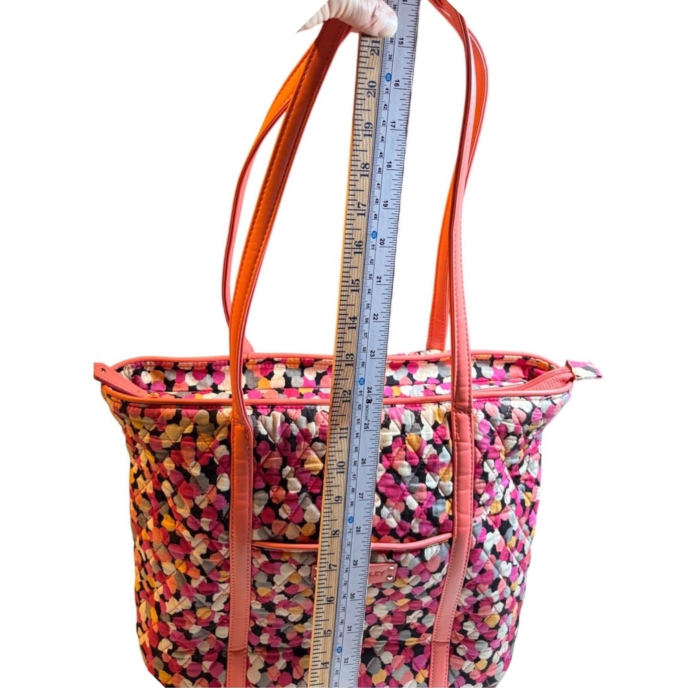Vera Bradley Quilted multicolor Tote Bag Coral Pink Leather Trim Zipper Preowned